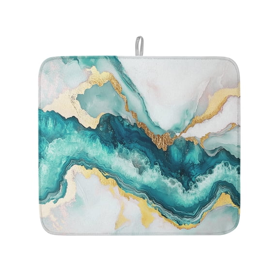 Ombre Turquoise Marble Texture Dish Drying Mats for Kitchen Counter,Absorbent Microfiber Dish Drainer Rack Mat Abstract Watercolor Wavy Drying Pad for Sinks,Utensils,Countertops,16x18in