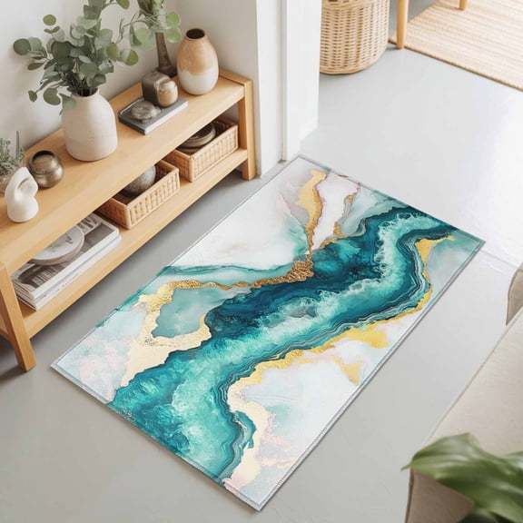 Ombre Turquoise Marble Texture Rectangle Area Rug 2x3ft,Living Room Rug Non-Slip Washable Circle Rugs Pad,Abstract Watercolor Wavy Soft Floor Carpet for Bedroom Dining Room