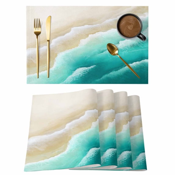 Ombre Turquoise Ocean Placemats Set of 4, Gradient Coastal Beach Waves Summer Placemats for Dining Table, Place Mats for Kitchen Tabletop, Waterproof Wipeable Dining Table Mats Set