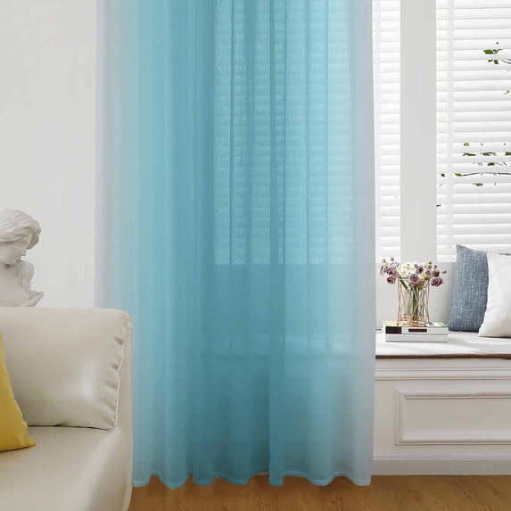 Ombre Turquoise Sheer Curtains 72 Inch Length, Light Filtering Voile Curtain Panel, Solid Color Gradient Minimalist Modern Rod Pocket Drapes Window Treatments for Living Room Bedroom 52"x72"