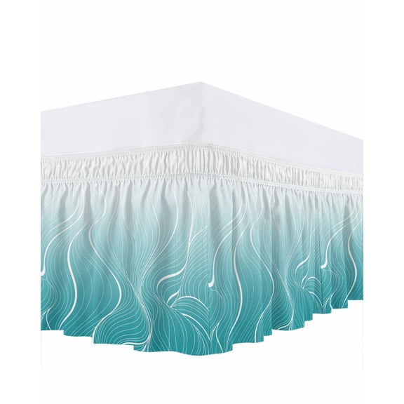 Ombre Turquoise Stripes Bed Skirt Striped Lines Waves Gradient Bed Skirts Queen Size 18 Inch Drop, Wrap Around Dust Ruffle&nbsp;Bedskirt with Adjustable Elastic Belt for Queen Size Beds