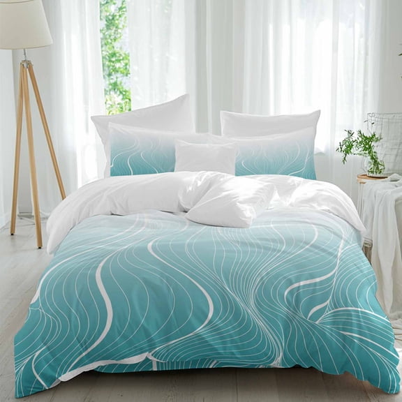 Ombre Turquoise Stripes Queen Size Comforter Set, Striped Lines Waves Gradient Bedding for All Seasons, 4 Pcs Bed Set, 1Quiltcover (90"x92") ,1Sheet(94"x116"), 2Pillowcases (30"x20")
