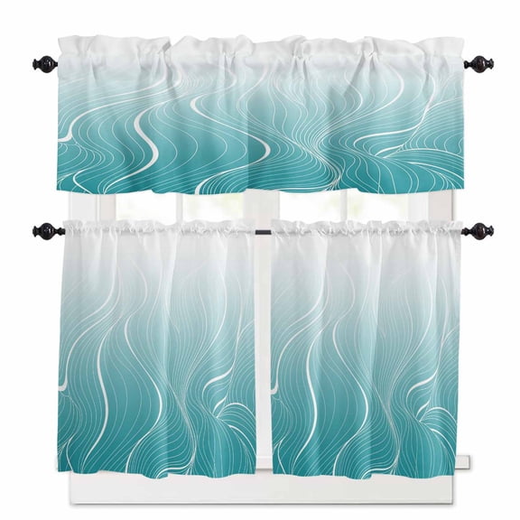 Ombre Turquoise Stripes Window Curtains Valance Set of 3 Striped Lines Waves Gradient Rod Pocket Small Kitchen Curtain, Soft Window Treatment for Bedroom Party Holiday Decor