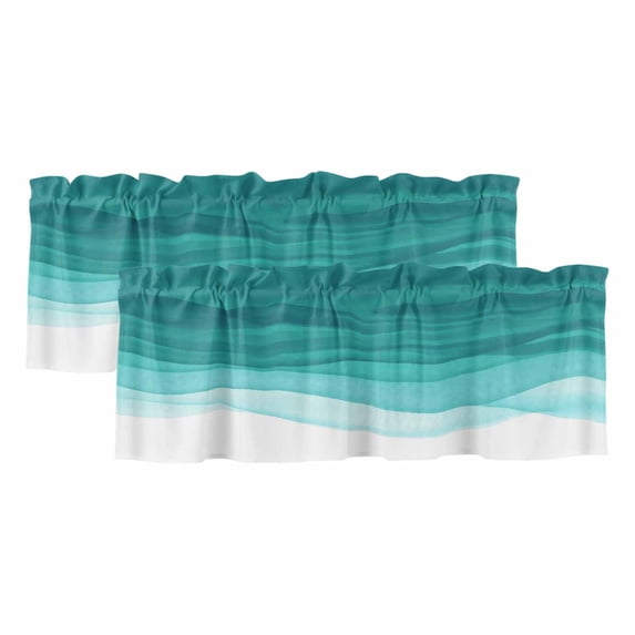 Ombre Turquoise Waves Curtain Valances for Windows, Kitchen Valance Window Treatments Panel 2 Pack, Abstract Art Gradient Modern Rod Pocket Short Curtains for Bathroom Bedroom 42 x 18 Inch