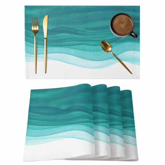Ombre Turquoise Waves Placemats Set of 12, Abstract Art Gradient Modern Placemats for Dining Table, Place Mats for Kitchen Tabletop, Waterproof Wipeable Dining Table Mats Set