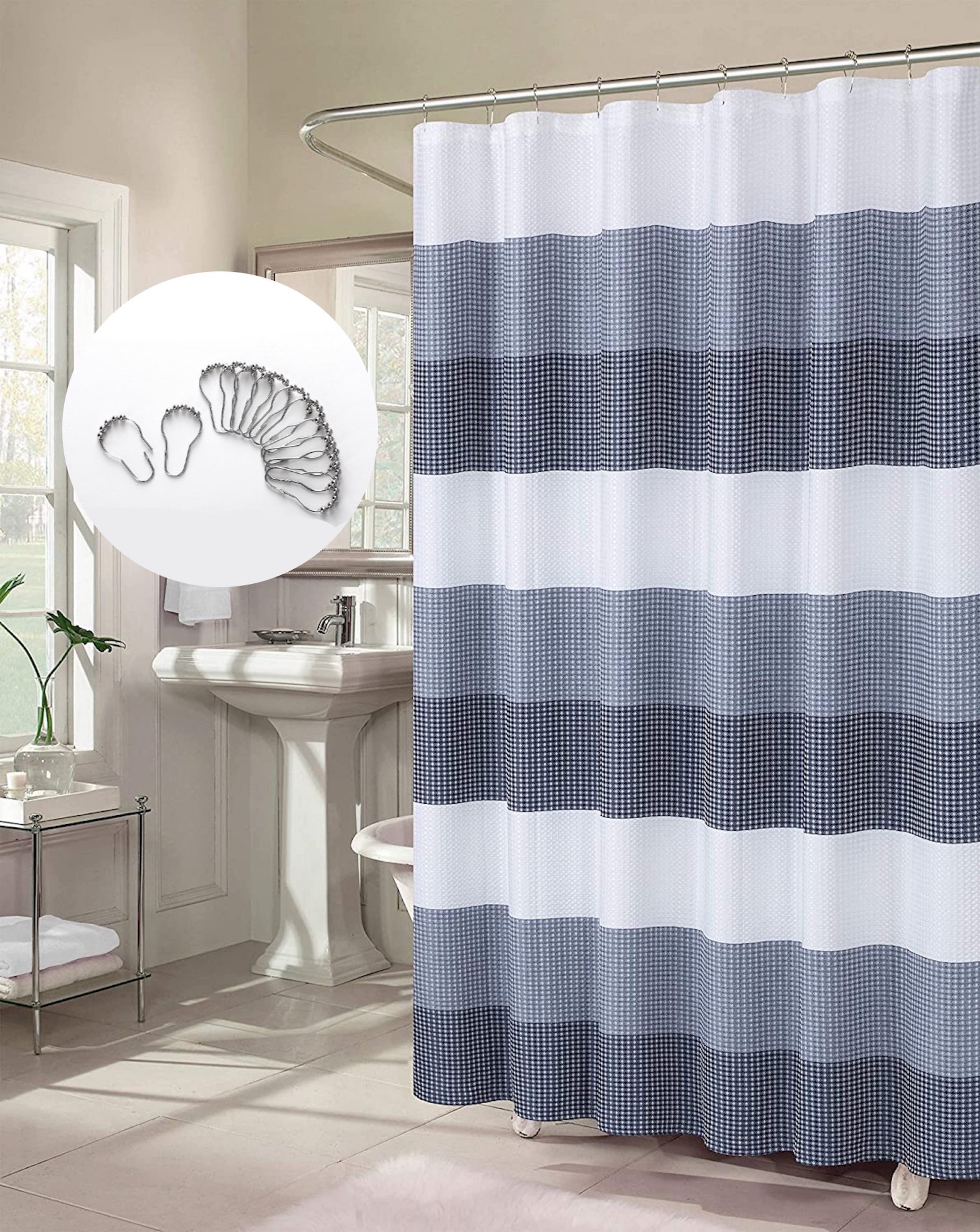 Navy and White Waffle Weave Fabric Shower Curtain with Hooks