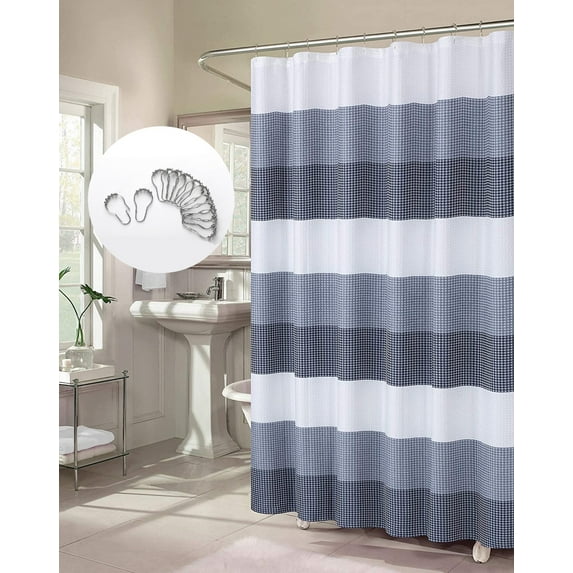 Ombre Waffle 3D Striped Waffle Weave Textured Ombre Stripe Designed Fabric Shower Curtain with 12 Roller Ball Hooks included 70 x 72 in Navy