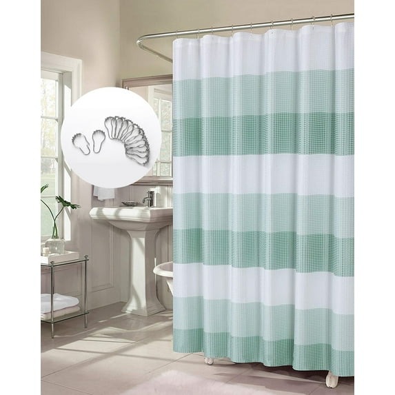 Ombre Waffle 3D Striped Waffle Weave Textured Ombre Stripe Designed Fabric Shower Curtain with 12 Roller Ball Hooks included 70 x 72 in Spa