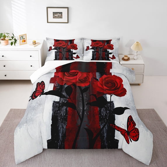 Ombre Watercolor Comforter Set Women,Black and Grey Oil Painting Bedding Set,Rustic Rose Butterflies Floral Duvet Insert Room Decor,Couples Anniversary Down Comforter,Queen
