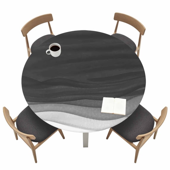 Ombre Waves Fitted Tablecloth with Elastic Edged, Round Table Cloth for Dining Table, Abstract Art Gradient Black Modern Waterproof Oil Proof Table Cover for Indoor Outdoor 45"-54"