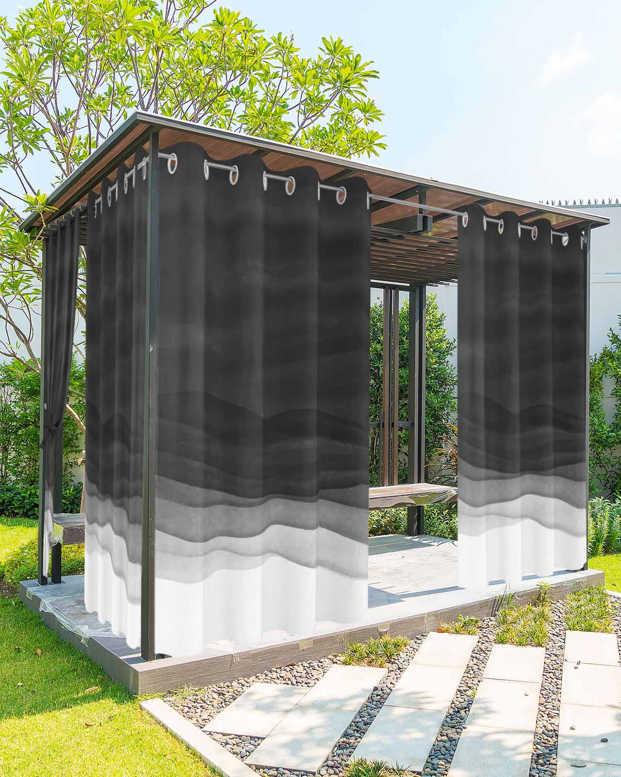 Ombre Waves Outdoor Curtains for Patio, Abstract Art Gradient Black Modern Privacy Drapes Grommet Waterproof Outside Curtains for Porch/Cabana/Balcony 54"x 108", 1 Panel