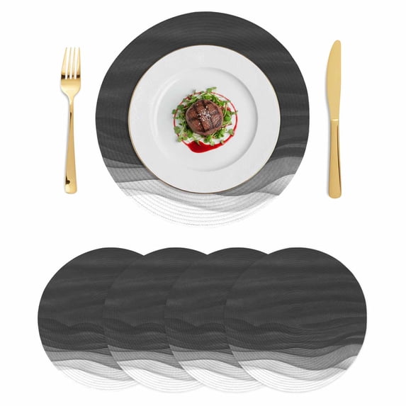 Ombre Waves Round 15 Inch Placemats Set of 4, Abstract Art Gradient Black Modern HeatResistant Non Slip Place Mats for Dining Table, Wipeable Braided Kitchen Table Mats for Housewarming