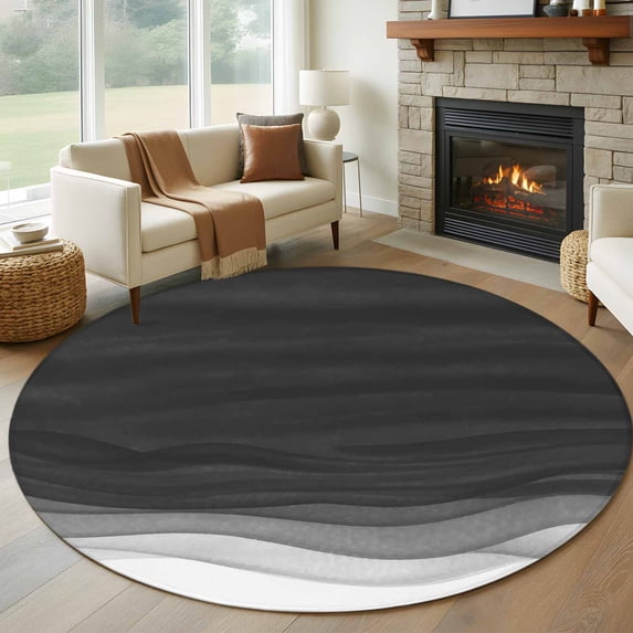 Ombre Waves Round Area Rug 7Ft Washable Circle Rugs for Dorm Laundry Room, Abstract Art Gradient Black Modern Non-Slip Carpet Floor Mats Indoor Outdoor Carpet Runner Aesthetic Home Decor