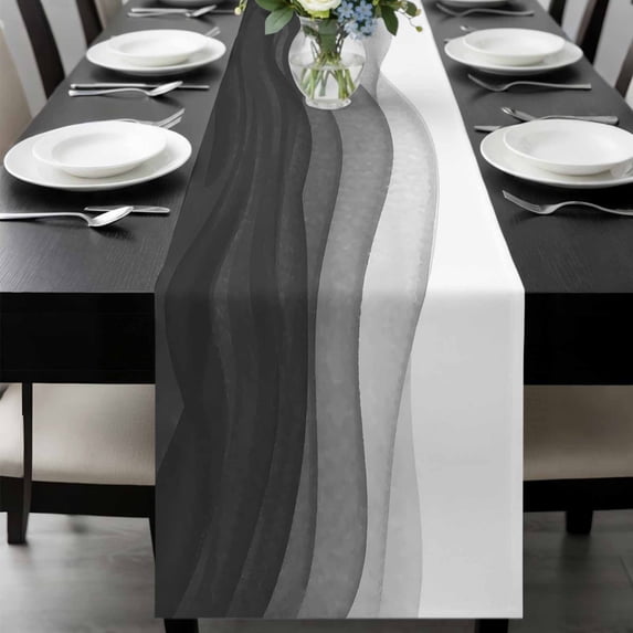 Ombre Waves Table Runner 90 Inches Long, Abstract Art Gradient Black Modern Kitchen Coffee Dining Table Decoration for Home Party Birthday Wedding Home Decor 13x90 Inches