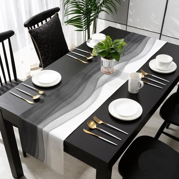 Ombre Waves Table Runner 90 Inches Long - Abstract Art Gradient Black Modern Kitchen Dining Burlap Linen Tablerunner for Small/Round/Square/Wedding/Coffee/Dining Table Party Home Décor 13 x 90
