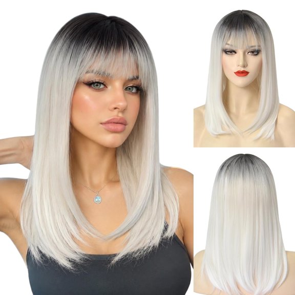 Ombre White Wig 20 Inch Long Straight with Bangs for Women Heat Resistant