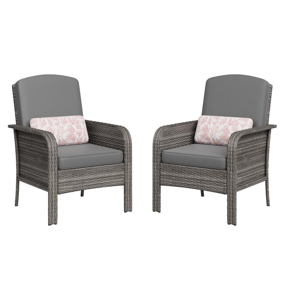 Ombre Wicker Patio Chair Set of 2, Weatherproof Handwoven Ricken Outdoor Seating with Thick Blue Cushions for Deck Porch Backyard Garden - Grey Ombre Rattan Grey Cushion