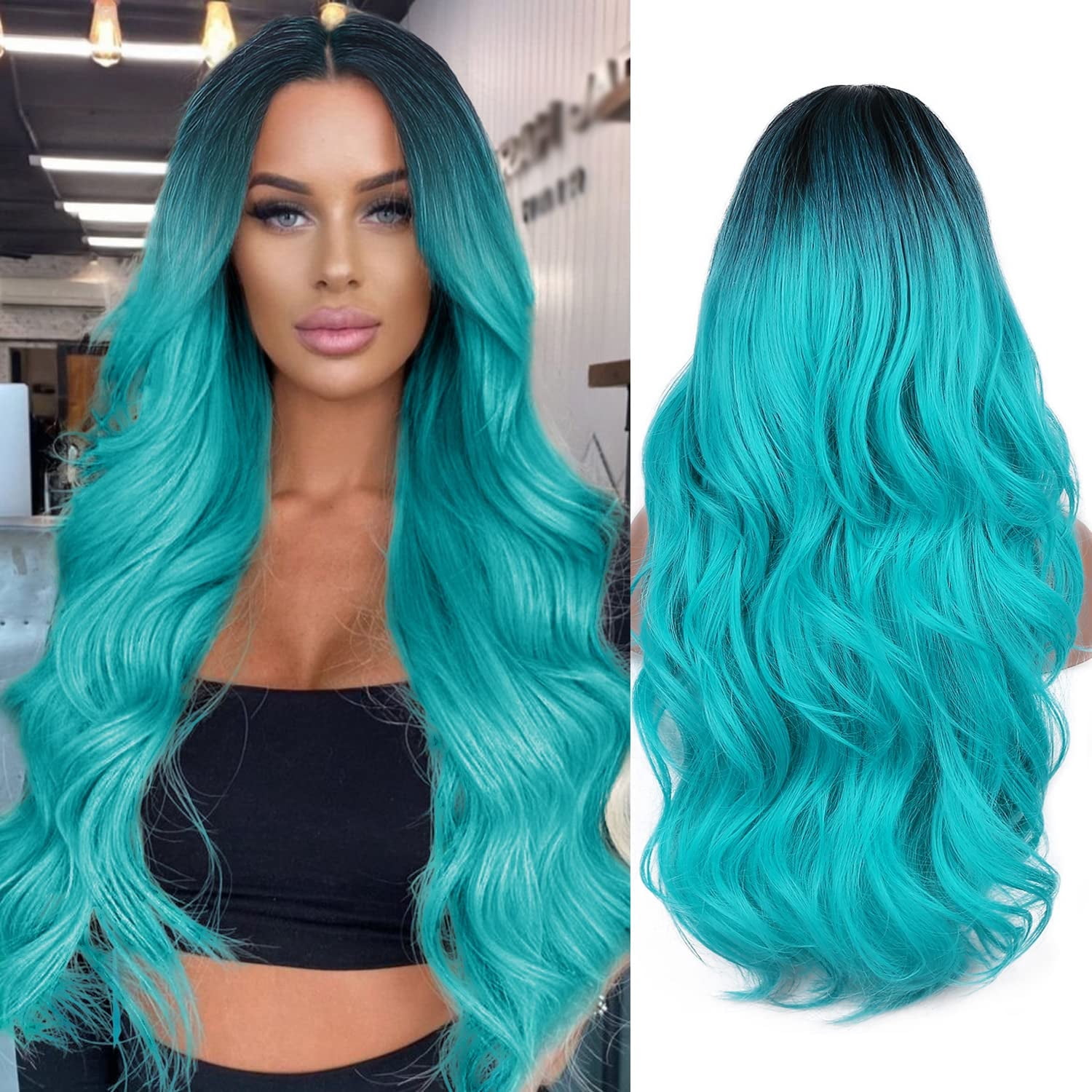 Ombre  Wig Long Curly Wavy Wig Heat Resistant Synthetic Wig Dark Roots Puple Wigs for Women Daily Party Cosplay