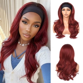 Ombre Wine Red Wig with Headband Attached Burgundy Headband Wigs for Black Women Beginner Friendly Glueless Half Wigs Heat Resistant 150% Density Shoulder Length