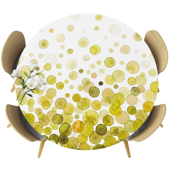 Ombre Yellow Polka Dot Round Tablecloth 55-60 Inch Round Fitted Table Cloth with Elastic Edge, Abstract Watercolor Geometric Waterproof Table Cover Protector for Outdoor Picnic Party Dining