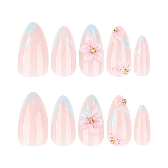 Ombre and Floral Press on Nails in Pink, Blue, and Gold, Stiletto Glossy False Nails with Raised Floral Details, 10 Count
