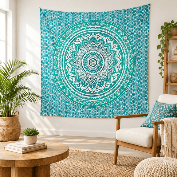 Ombrepie Mandala Bohemian Intricate Cotton Tapestry, 60"L x 54"W, Green