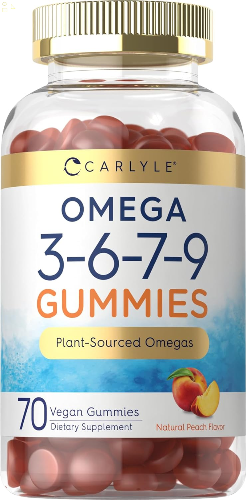 Omega 3 6 7 9 Gummies 70 Count Vegan Plant Sourced Supplement Peach Flavor