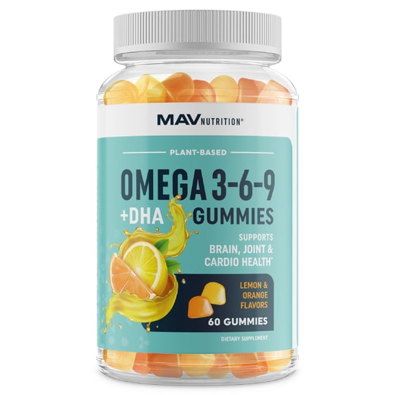 Omega 3 6 9 + DHA Gummies | Plant-Based Triple Omegas From Algae & Chia Seed Oil | With 50mg of DHA | Essential Fatty Acid Supplements for Adults | 60 Ct