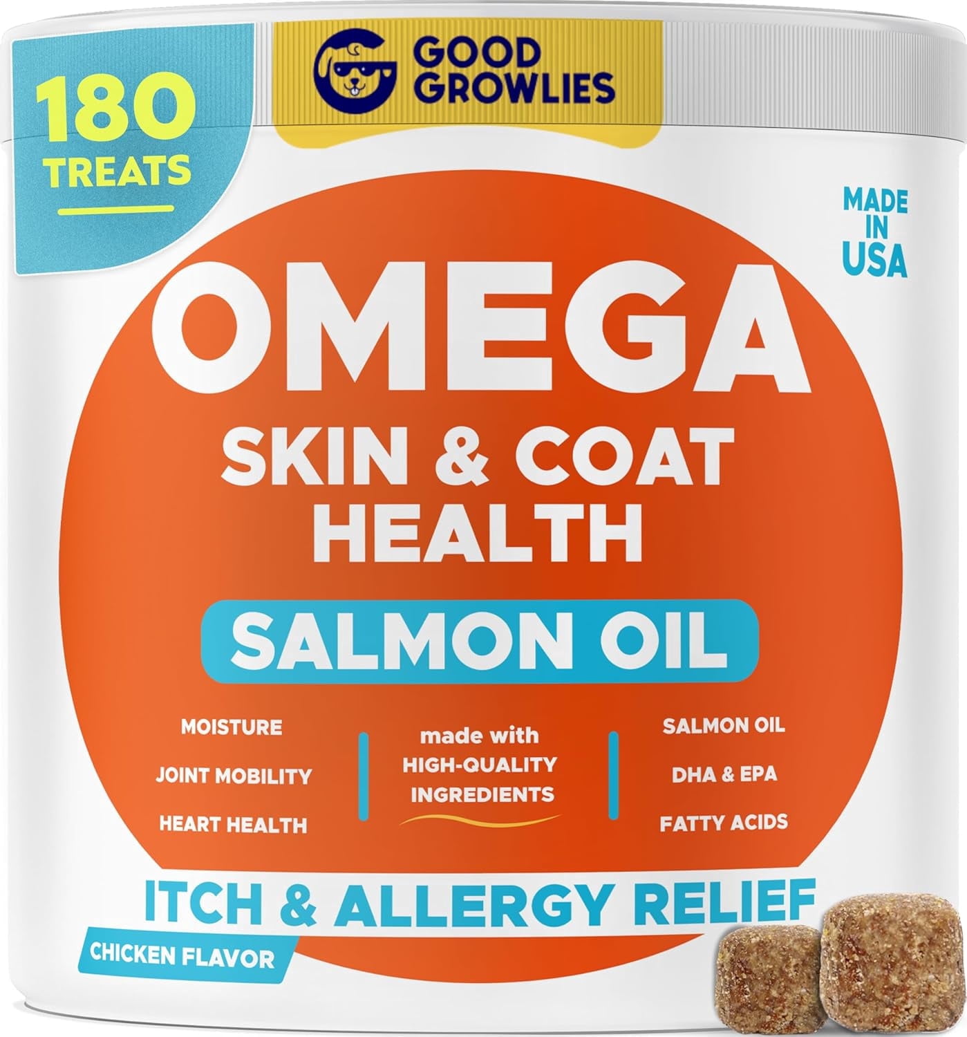 Omega 3 Alaskan Fish Oil Treats for Dogs (180 Ct) - Dry & Itchy Skin Relief + Allergy Support - Shiny Coats - EPA&DHA Fatty Acids - Natural Salmon Oil Chews Promotes Heart, Brain, Hip & Joint Support