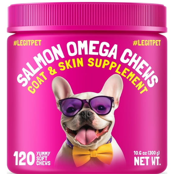 Omega 3 Alaskan Salmon Oil Treats for Dogs 120 Fish Oil Chew Supplement Skin and Coat Allergy and Itch Relief Hip & Joint Health Brain Shedding Hot Spots Treatment Omega 3 6 9 EPA & DHA Fatty Acids