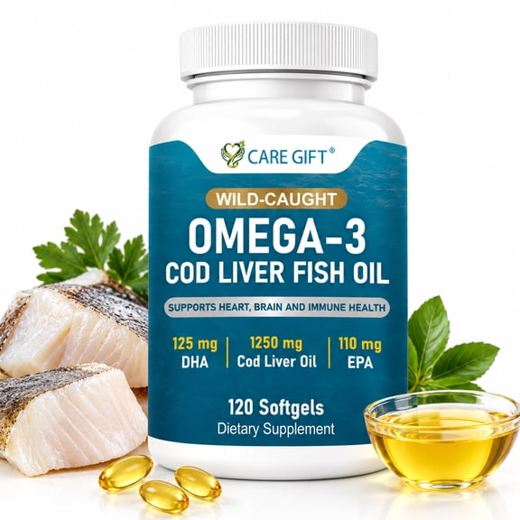 Omega-3 Cod Liver Fish Oil 120 Softgels with EPA & DHA Lemon Flavor