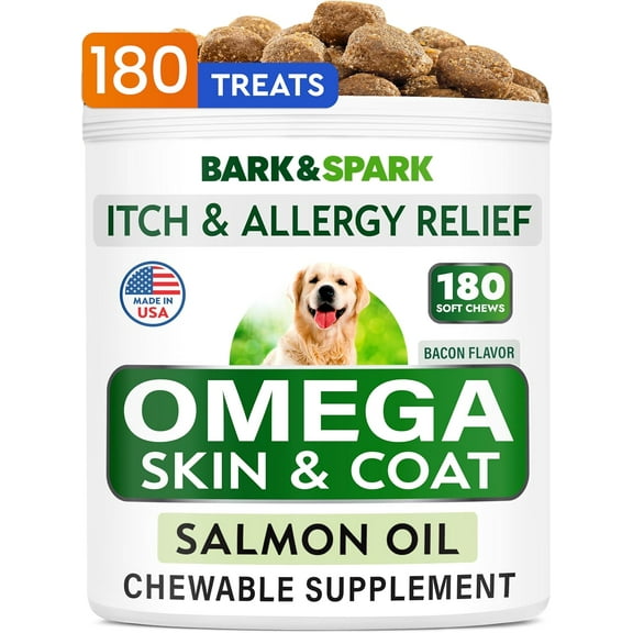 Omega 3 for Dogs and Cats - 180 Fish Oil Treats for Dog Shedding, Skin Allergy, Itch Relief, Hot Spots Treatment - Joint Health - Skin and Coat Supplement - EPA & DHA Fatty Acids - Salmon Oil - Bacon