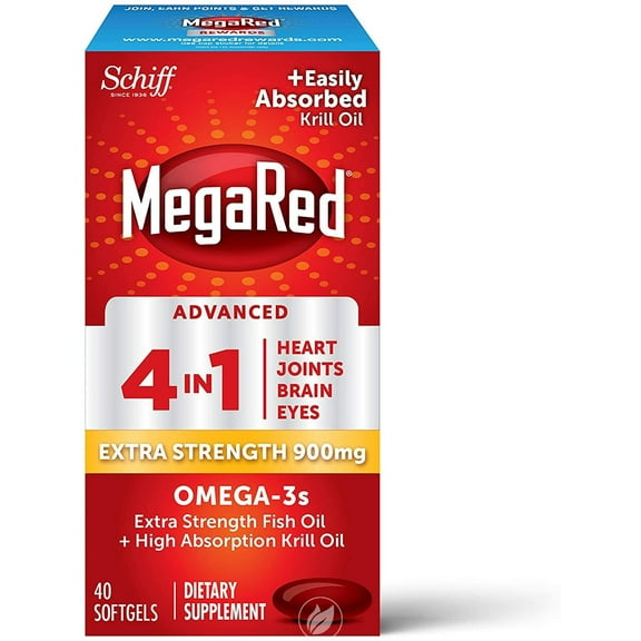 Omega-3 Fish And Krill Oil Supplement 900mg - MegaRed Advanced 4in1, 40 softgels, 2x More Omega-3, Heart, Joint, Brain and Eye Supplement