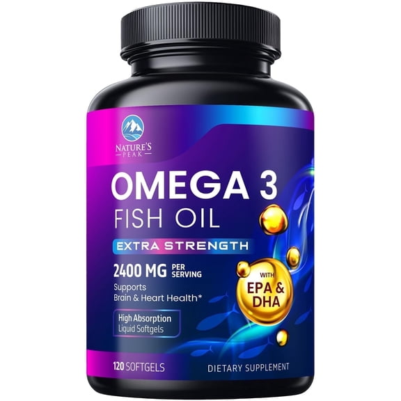 Omega 3 Fish Oil 2400mg - Triple Strength, Sustainably Sourced Omega-3 EPA & DHA Supplement Softgels - Purified Formula EPA & DHA Fish Oil Fatty Acids Supplements - Bottled in USA - 120 Softgels