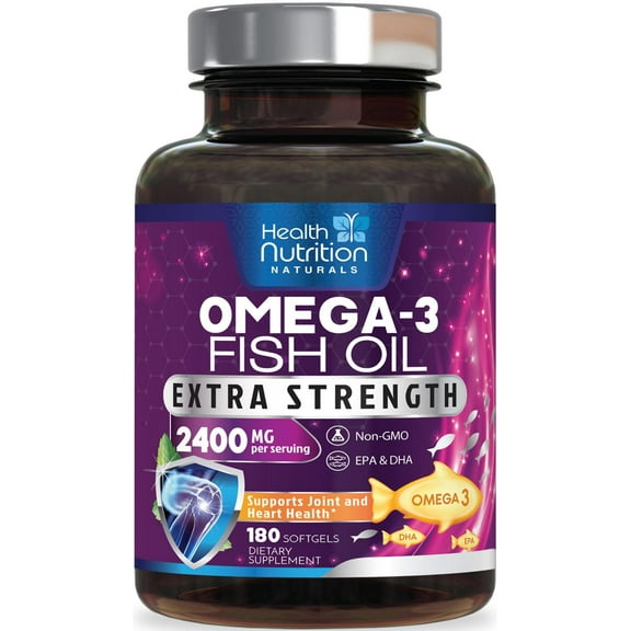 Omega 3 Fish Oil Supplements 2400 mg, Triple Strength Omega3 - EPA & DHA with Essential Fatty Acids - Natural Immune, Brain & Heart Health Support - Burpless, Lemon Flavor, Wild Caught - 180 Softgels