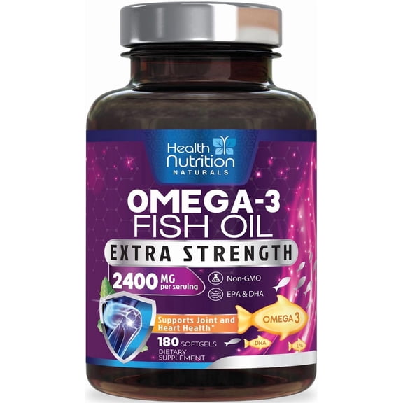 Omega 3 Fish Oil Supplements 2400 mg, Triple Strength Omega3 - EPA & DHA with Essential Fatty Acids - Natural Immune, Brain & Heart Health Support - Burpless, Lemon Flavor, Wild Caught - 180 Softgels