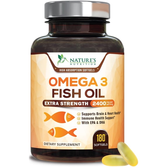 Omega 3 Fish Oil 2400mg - Triple Strength Daily Omega-3 Supplement with EPA & DHA - Natural Heart, Brain & Immune Support - Wild Caught Omega3 Fatty Acids - Gluten Free & Bottled in USA, 180 Softgels