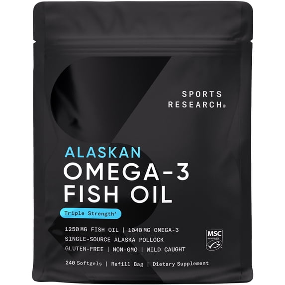 Sports Research® Triple Strength Omega 3 Fish Oil 1250mg Wild Alaska Pollock Burpless (240 Softgels)