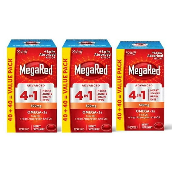 Omega 3 Fish Oil & Antarctic Krill Oil Softgels for Brain, Heart, Joints & Eye Support, MegaRed (80 Count Bottle), Concentrated Omega 3 Fatty Acid Supplement with EPA, DHA, Phospholipids- 3 Pack
