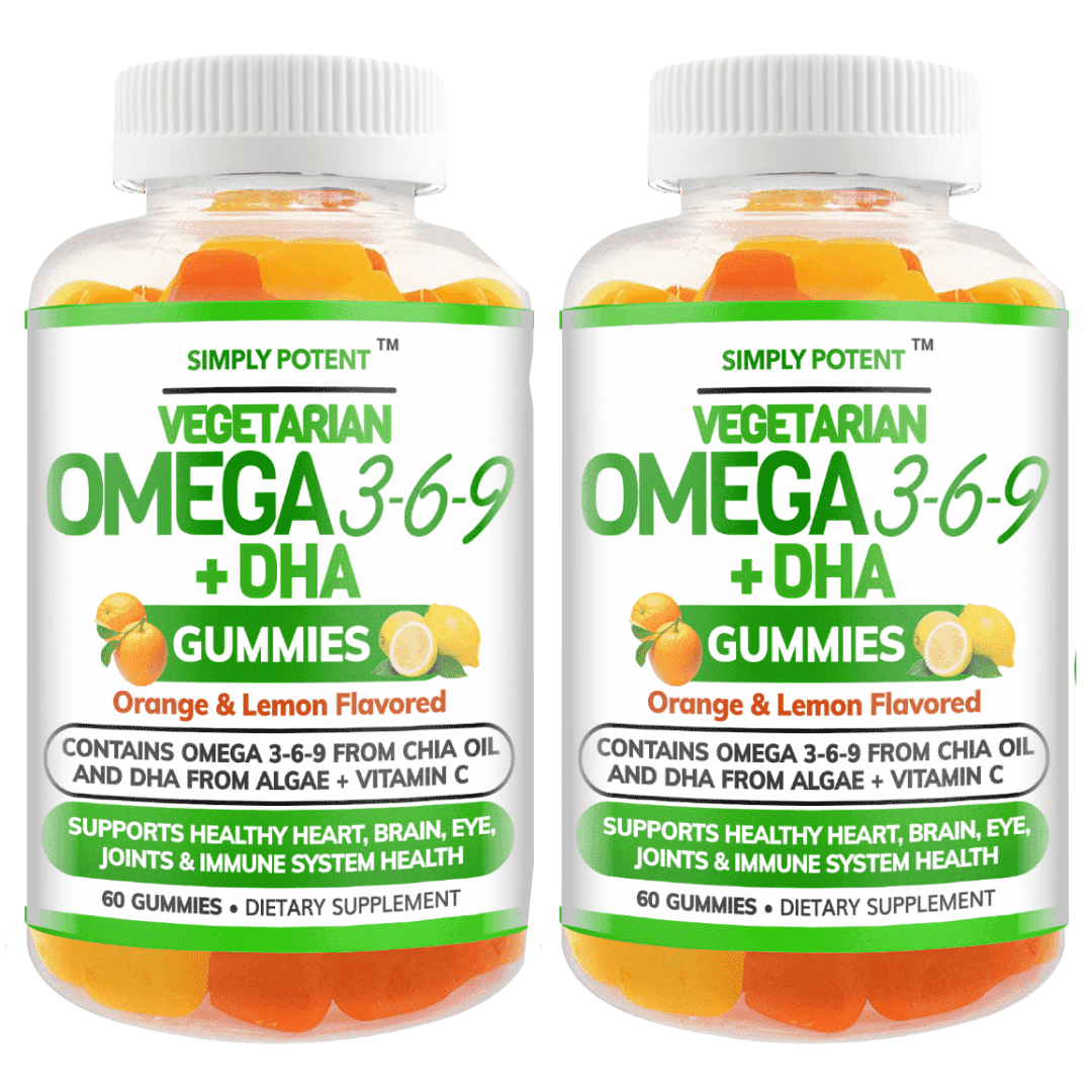 Simply Potent Vegan Omega 3 Gummies 2 Pack No Fish Oil No Krill Burpless Omega DHA Chewable Gluten-Free Omega-3 6 9 Supplement for Men Women & Kids Supports Brain Heart Joint Eye & Immune Health