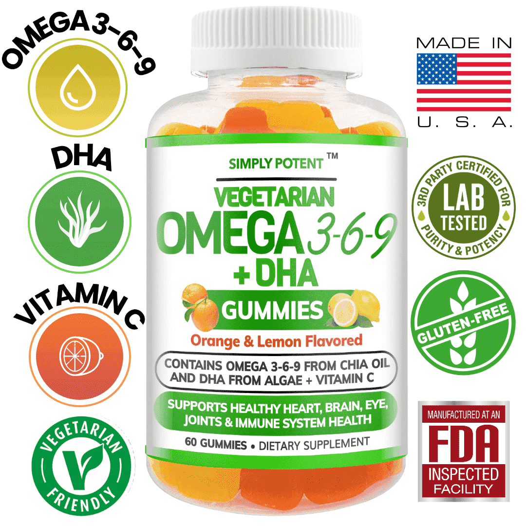 Simply Potent Vegan Omega 3 Gummies No Fish Oil No Krill Burpless Omega DHA Chewable Gluten-Free Omega-3 6 9 Supplement for Men Women & Kids Supports Brain Heart Joint Eye & Immune Health
