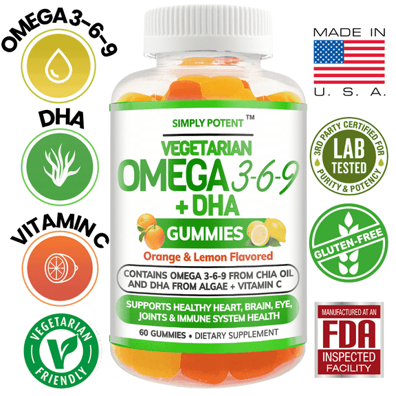 Simply Potent Vegan Omega 3 Gummies No Fish Oil No Krill Burpless Omega DHA Chewable Gluten-Free Omega-3 6 9 Supplement for Men Women & Kids Supports Brain Heart Joint Eye & Immune Health
