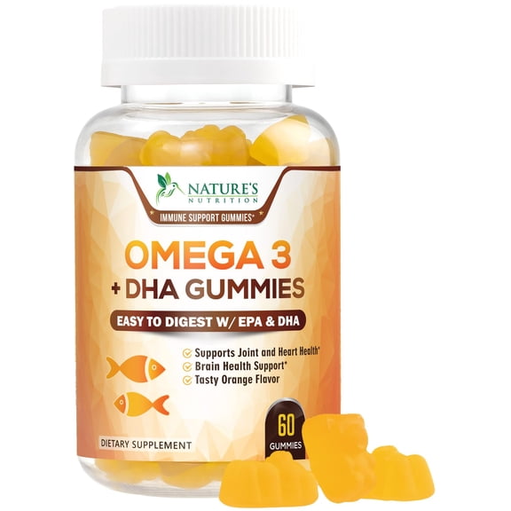 Omega 3 Fish Oil Gummies - 3X Strength Heart Healthy Omega 3 Gummy Supplement with High Absorption DHA & EPA - Joint & Brain Support, Delicious Orange Flavor Fish Oil Natures Vitamin - 60 Gummies