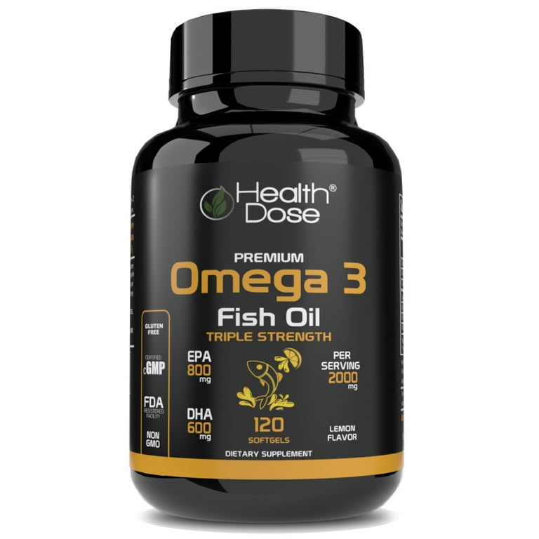 Health Dose Premium Omega 3 Fish Oil. Lemon Flavor. 120 Softgels 2 Month, 2000mg Triple Strength with EPA + DHA, Immune Support, Heart, Brain, Joints