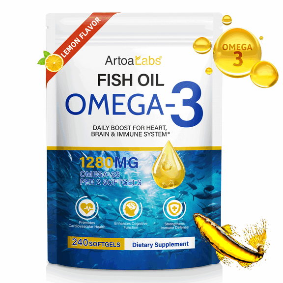 Omega 3 Fish Oil Softgels, 1280mg Omega-3 with EPA & DHA, Heart, Brain & Eye Health Support(Lemon Flavor), 240 Softgels
