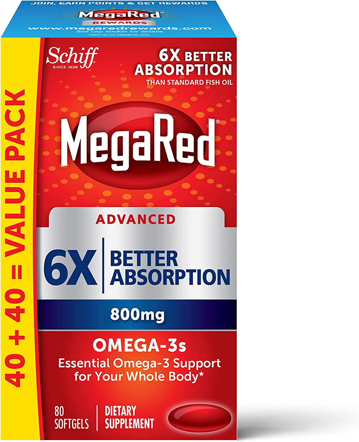 MegaRed Advanced Omega 3 Fish Oil, 800mg EPA & DHA Softgels (80ct
