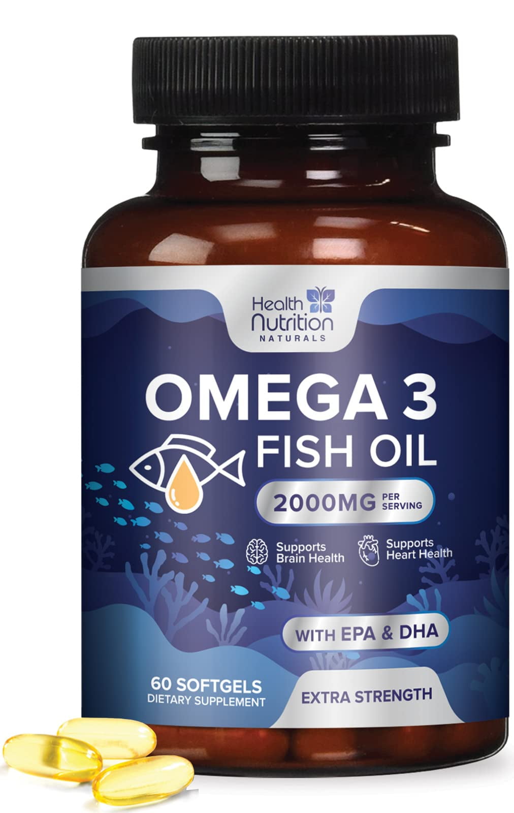 Omega 3 Fish Oil Triple Strength 2000 mg Softgels, Omega3 Supplements, Natural Brain Heart