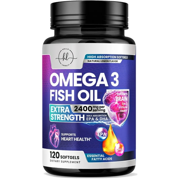 Omega 3 Fish Oil Supplements 2400mg - Triple Strength Omega 3 Fatty Acids, Natural Heart Health Brain & Joint Support - Fatty Acids with EPA & DHA - Wild Caught Fish Oil Supplement - 120 Softgels