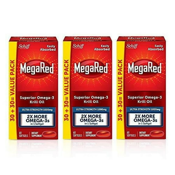 Omega-3 Krill Oil Supplement 1000mg, MegaRed Ultra Strength Softgels (60 Count in A Box), Has No Fishy Aftertaste and Has EPA & DHA Plus Antioxidant Astaxanthin (Pack of 3)