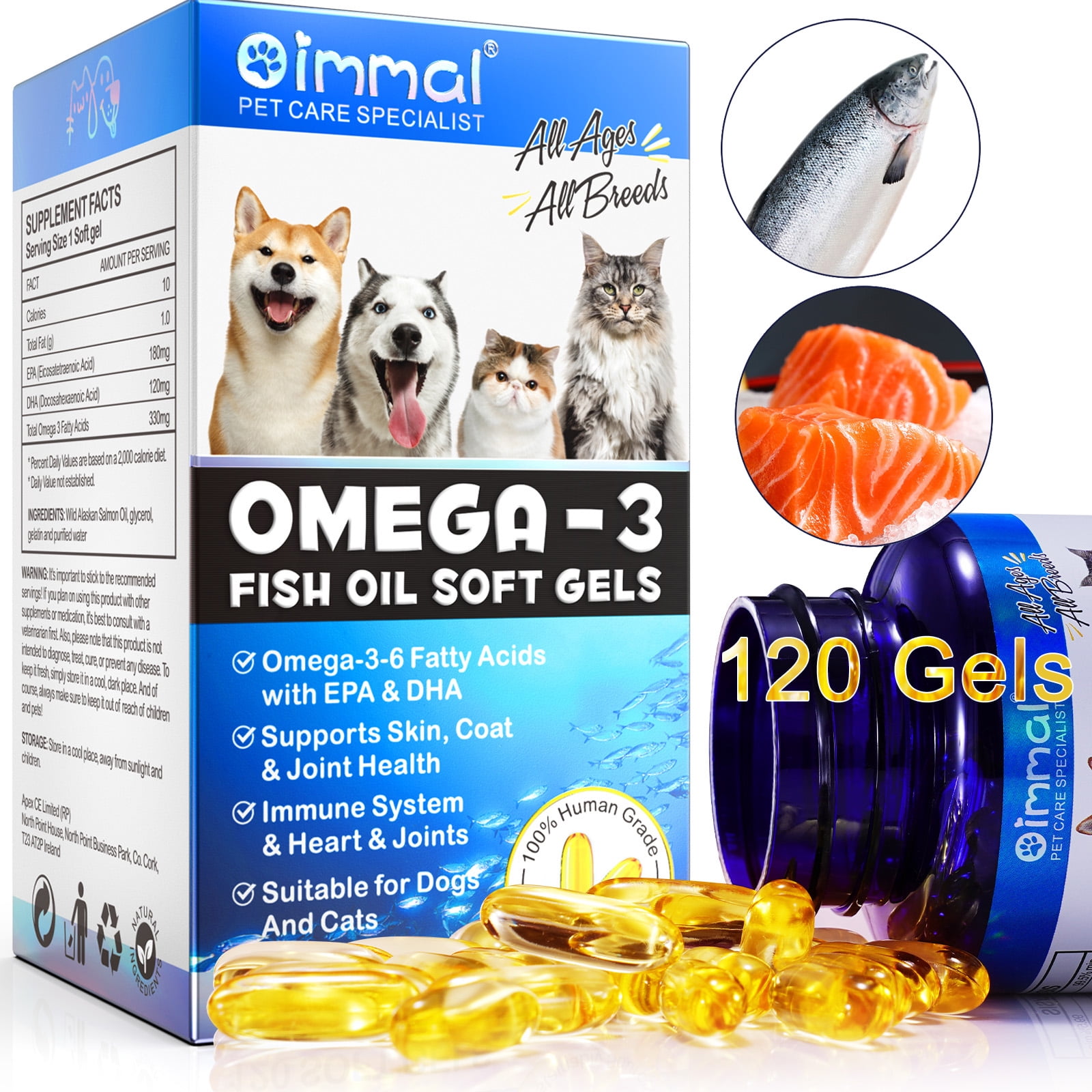 Salmon Oil Omega 3 Softgels for Pets (120pcs) EPA + DHA, Supports